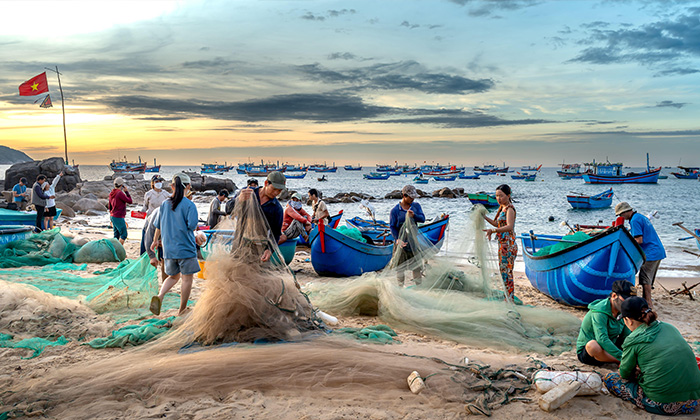 Tuy An District, Phu Yen Province, Vietnam - July 3, 2023: Scenes of daily life of people living in a fishing village in Tuy An district, Phu Yen province,Vietnam