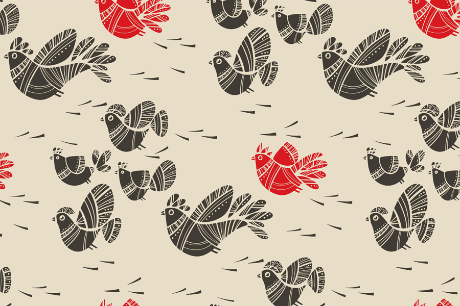 Linocut style spring birds folk vibes seamless pattern