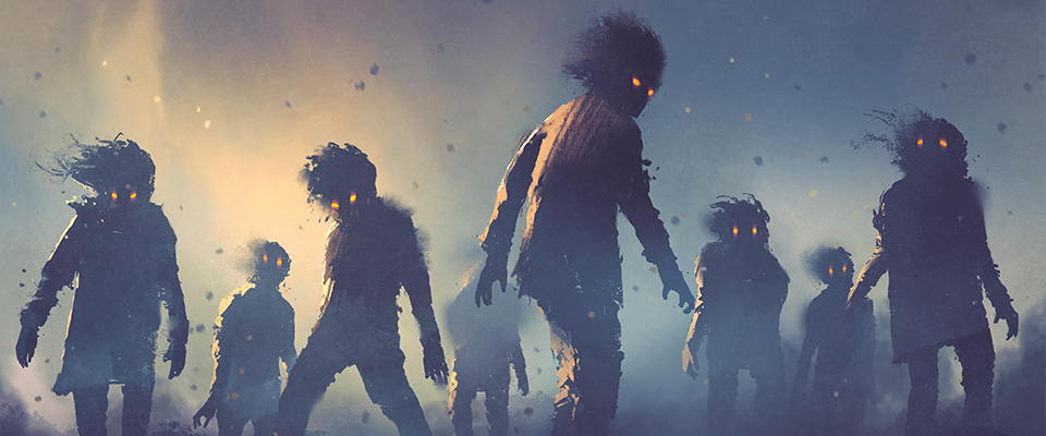 Concept di Halloween di una folla di zombie che cammina di notte, stile artistico digitale, pittura illustrativa.