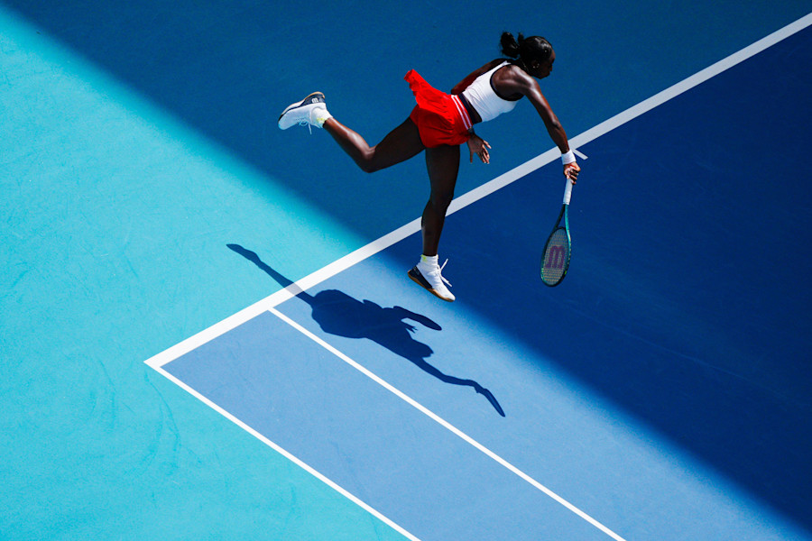 Miami, Florida, USA. 29th Mar, 2024. Alycia Parks (USA) hits a serve during the semifinals of the Womens Doubles at the Miami Open tennis tournament.