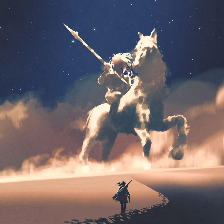 a woman walking on a desert to the giant horseman-shaped storm, digital art style, illustration painting