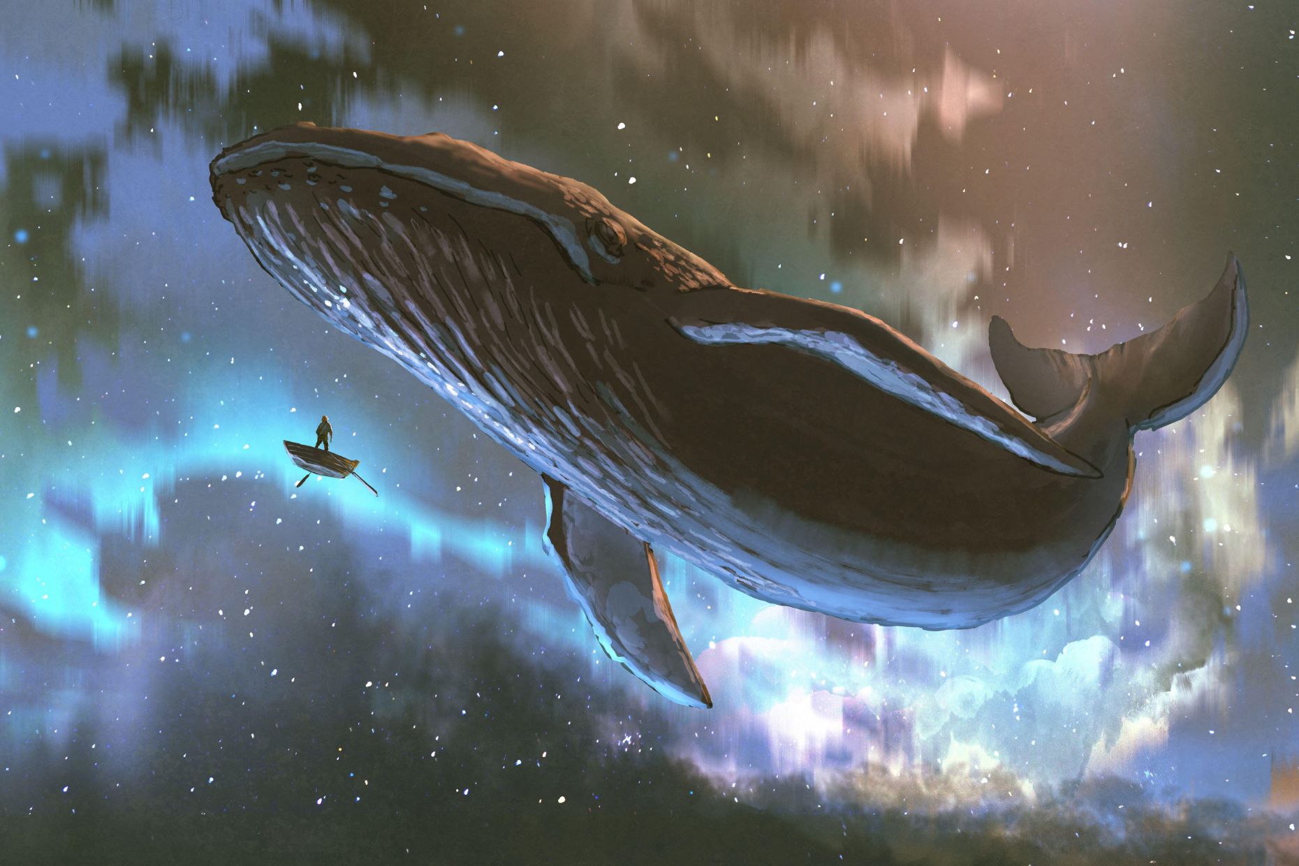 outer space journey concept showing a man looking at the giant whale flying in the beautiful sky, digital art style, illustration painting - Image ID: 2BM22WT (RF)