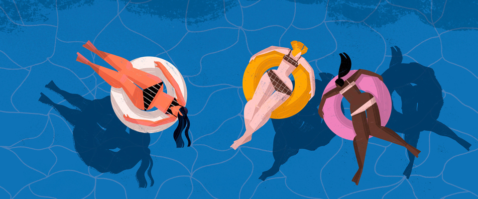 Abstract illustration of gorgeous young adult women sitting on a color float inside the swimming pool