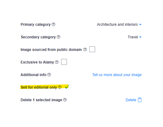 Capture d'écran d'Alamy Image Manager montrant où modifier le paramètre pour vendre uniquement à des fins éditoriales