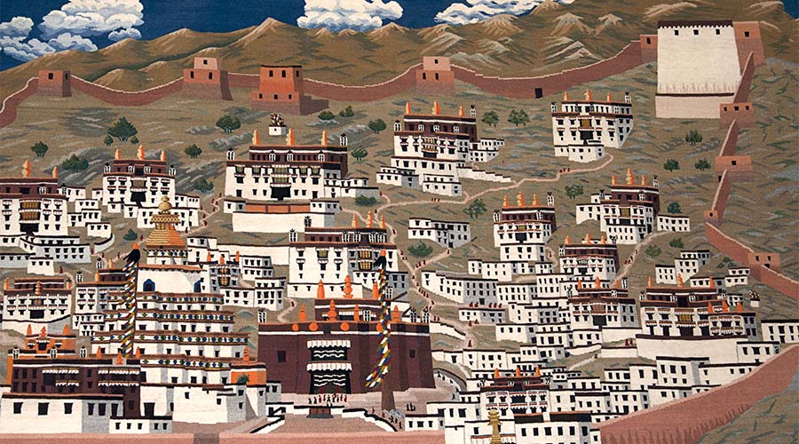 Gewebter Wandteppich, der die Altstadt von Gyantse innerhalb der Stadtmauern darstellt. Tibet.