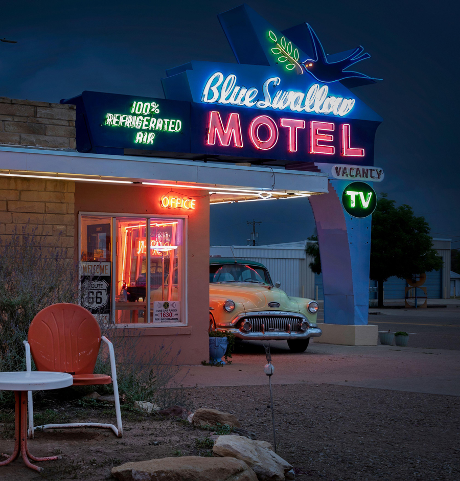 A retro chair and table at the Blue Swallow Motel, built in 1939, and still operating on historic Route 66 in Tucumcari, New Mexico