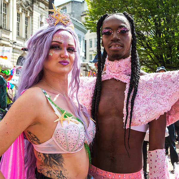 Birmingham Pride 2019. Revellers wearing wonderful costumes and makeup wait for the parade to begin.