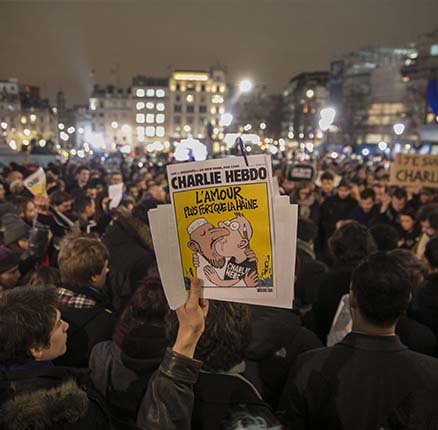 A vigil was held for the victims in Trafalgar Square in London this evening as thousands of people gathered across Europe tonight to show their support to French satirical newspaper Charlie Hebdo