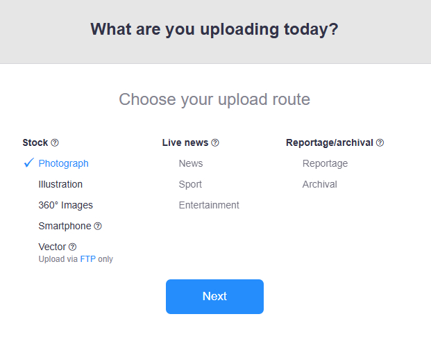 Capture d'écran des choix pour l'itinéraire de téléchargement d'Alamy