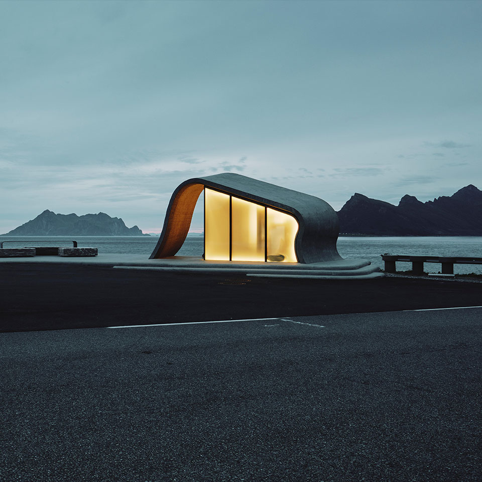 The wave shaped concrete and glass architecture of Ureddplassen rest area on the Helgelandskysten Norwegian Scenic Route Nordland Norway