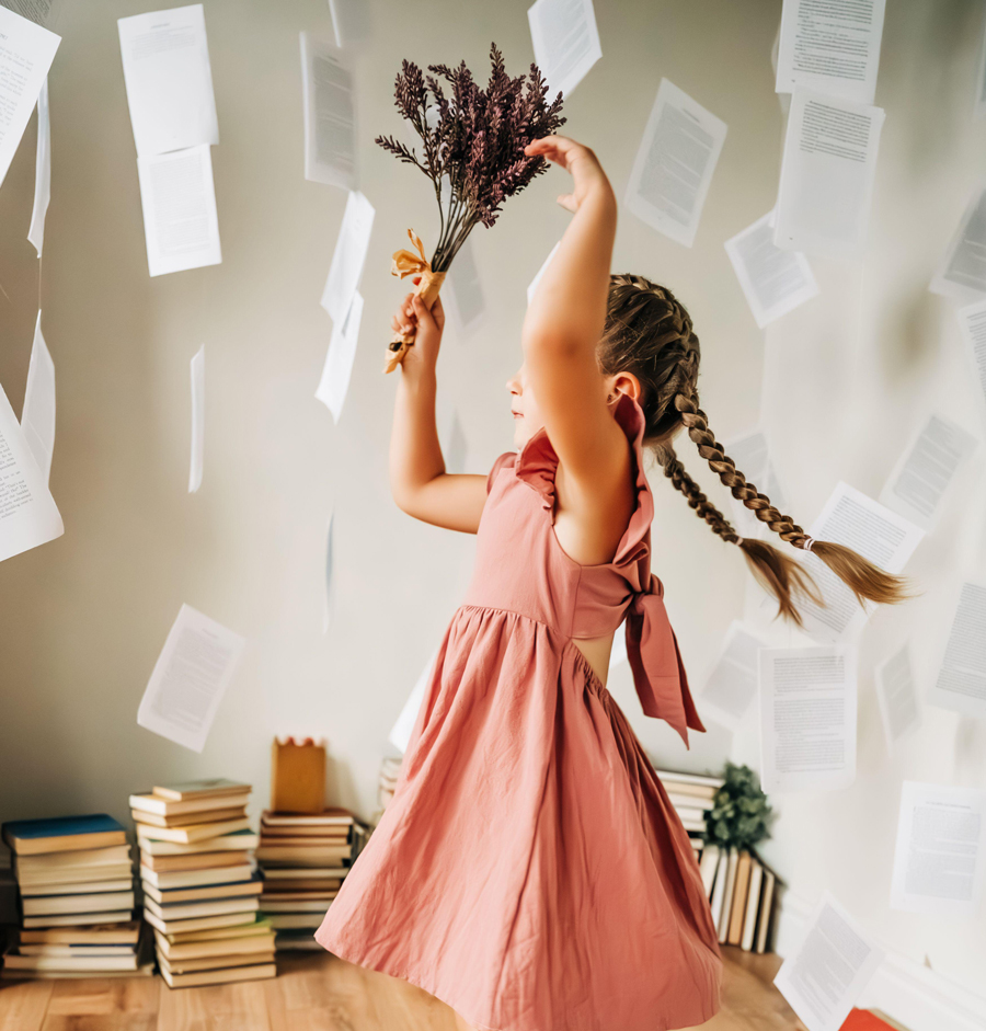 Girl in a pink dress twirling with flowers, surrounded by flying pages
