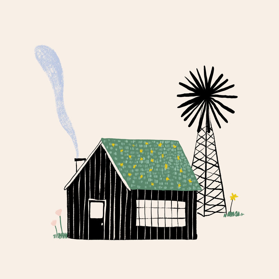  illustration of wooden house with chimney and windmill with grass and flower against white background