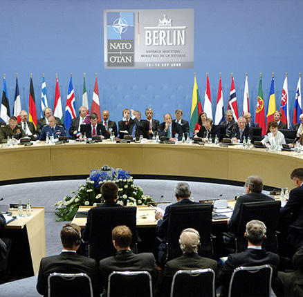 The Defence Ministers of the NATO member states sit at a round table at the start of the NATO conference in Berlin, Tuesday, 13 September 2005. The ministers confered during their informal meeting about the peacekeeping efforts in Afghanistan. 