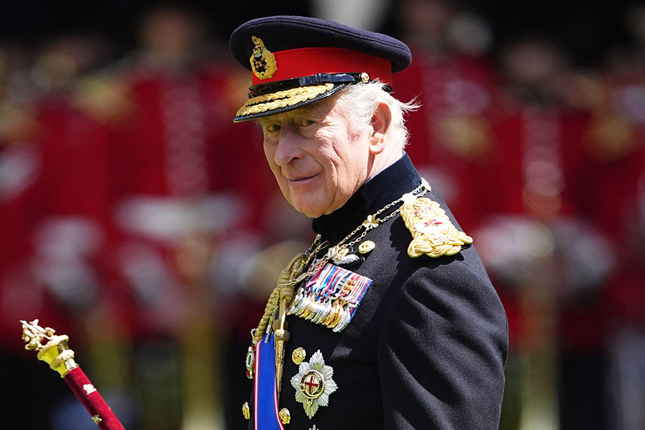 King Charles III during a ceremony to present the Grenadier Guards with their new Colours at Buckingham Palace in London.