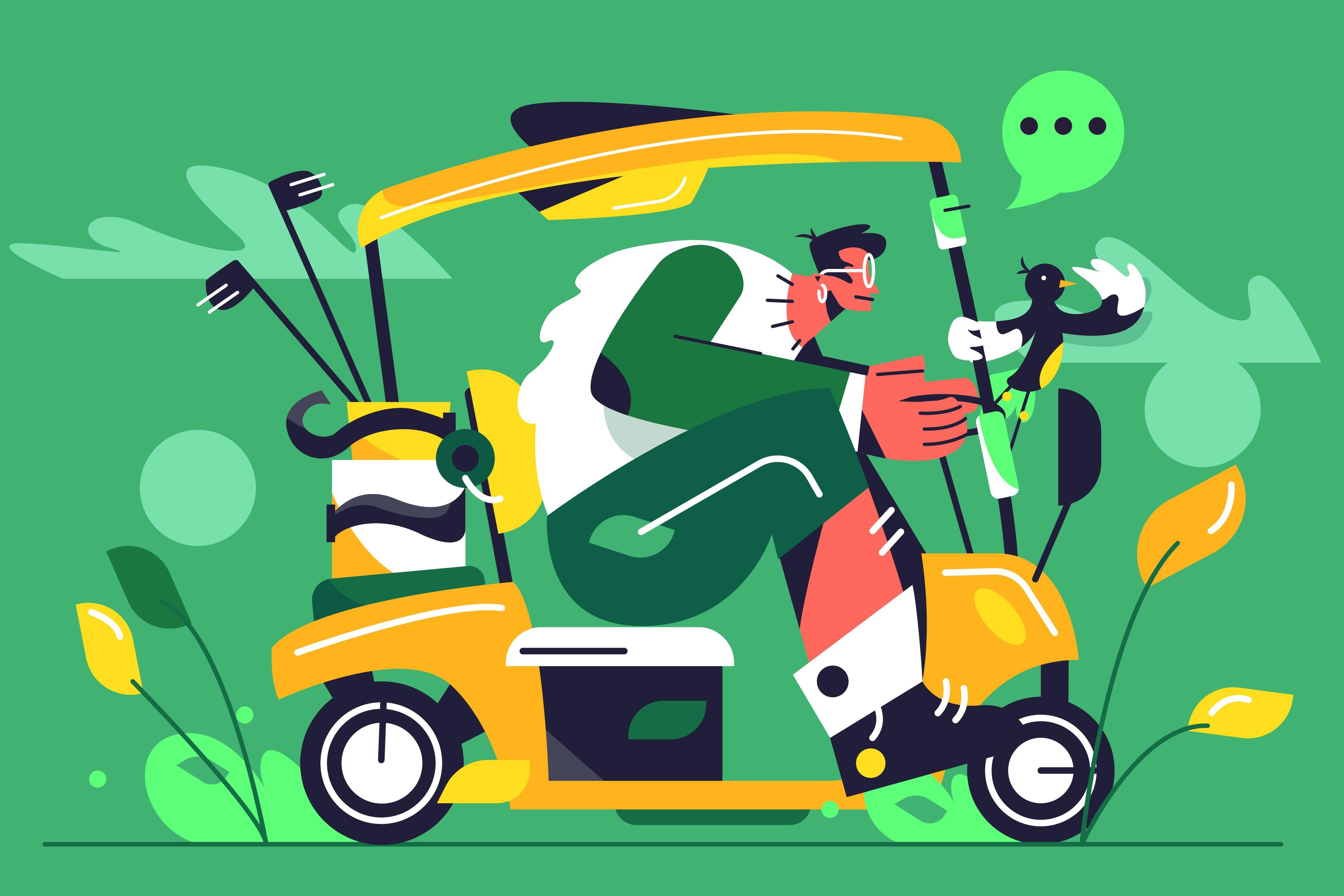 Vector Image of A guy with glasses and shorts rides a golf car