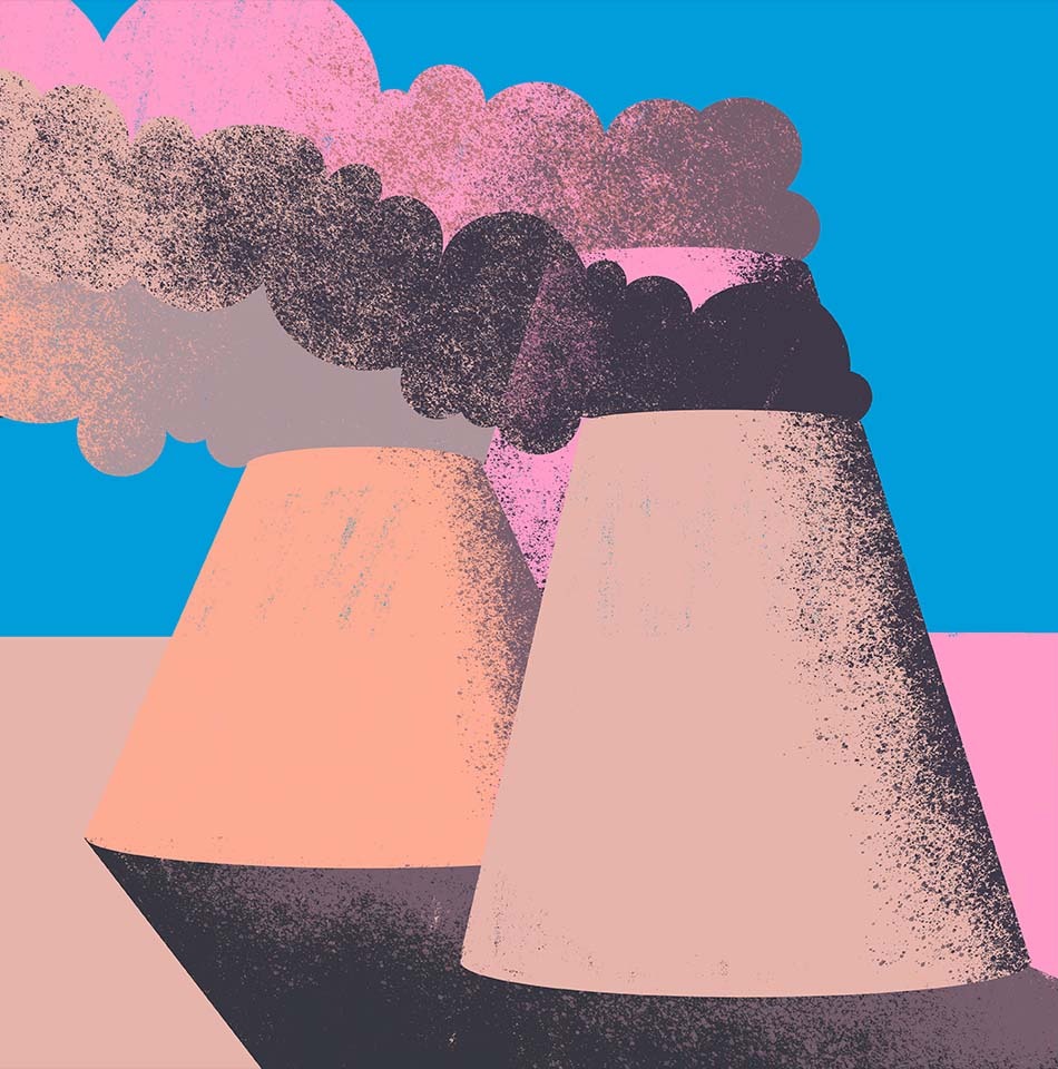 The climate crisis. Big air pollution towers expel smoke and contamination. Colorful illustration.
