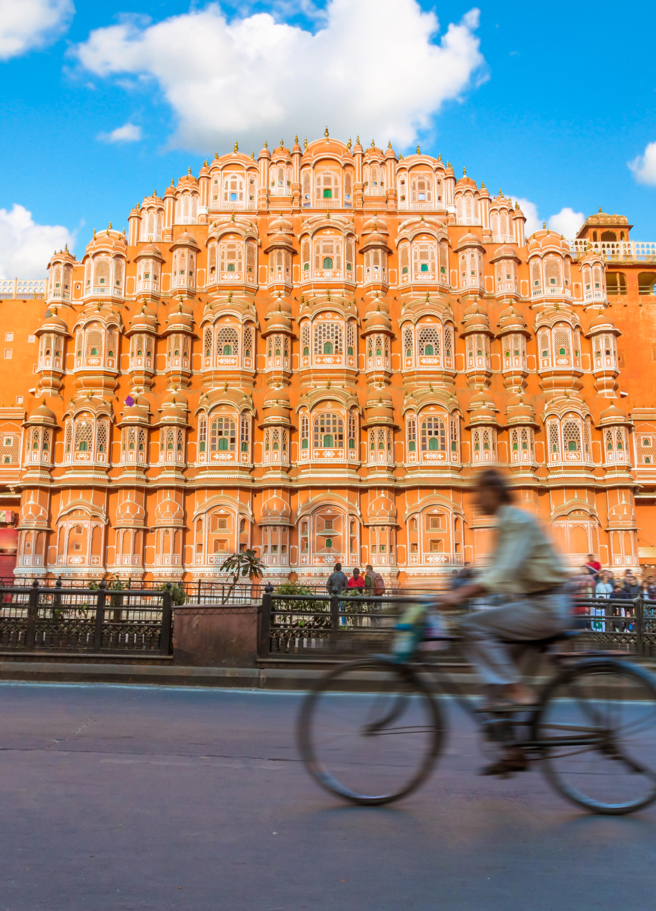 Hawa Mahal - Palace of the Winds with Busy Street in the Foreground - Jaipur, India